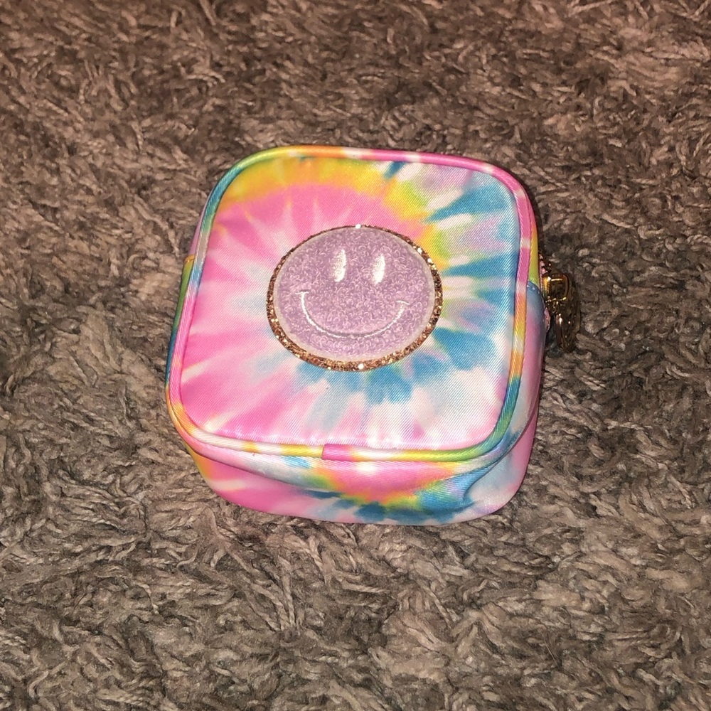 NWOT! Stoney Clover Lane Tie Dye Mini Pouch w/ Smiley emoji and gold glitter